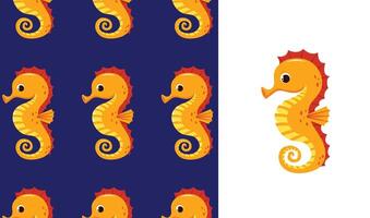 Sea life vector seamless pattern with cute cartoon seahorse