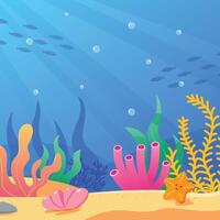 Vector underwater background with colorful algae and fish in the background. Marine life, ocean. Vector illustration of cartoon algae