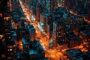 AI generated Aerial view of a city street at night time, long exposure of the car lights photo