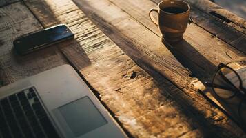 ai generado Clásico trabajando escritorio con café, café descanso y relajarse después trabajar, Clásico estilo foto