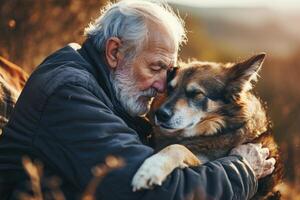 ai generado un retrato de un contento mayor más viejo con un perro, el mayor con mascota foto