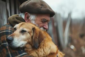 ai generado un retrato de un contento mayor más viejo con un perro, el mayor con mascota foto