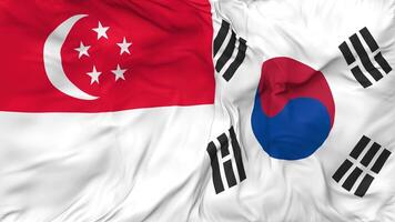 Singapore and South Korea Flags Together Seamless Looping Background, Looped Bump Texture Cloth Waving Slow Motion, 3D Rendering video