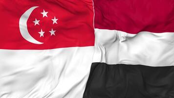 Singapore and Yemen Flags Together Seamless Looping Background, Looped Bump Texture Cloth Waving Slow Motion, 3D Rendering video