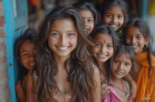 ai generado ocho muchachas desde Nepal y su madres, sonriente foto