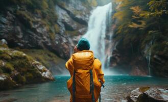 AI generated a man is taking a selfie near a waterfall photo