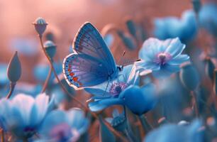 AI generated wallpaper blue butterfly flying through green grass with blue poppies photo