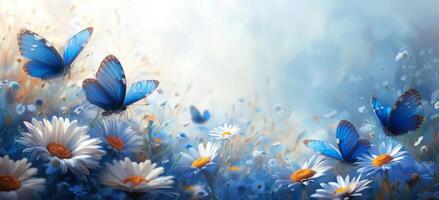 AI generated a flower field with blue butterflies and daisies on sunny day, photo