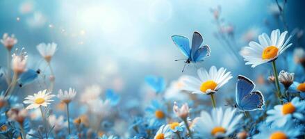 ai generado un flor campo con azul mariposas y margaritas en soleado día, foto
