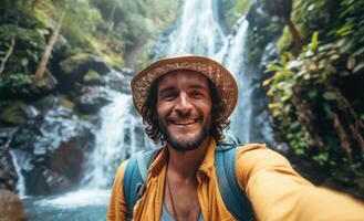 AI generated a man is taking a selfie next to a waterfall photo