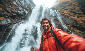 AI generated a man is taking a selfie next to a waterfall photo