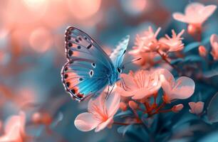 ai generado un azul mariposa es volador en cerca un rosado flor foto