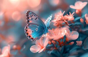 AI generated a blue butterfly is flying in near a pink flower photo