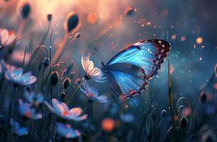 AI generated wallpaper blue butterfly flying through green grass with blue poppies photo