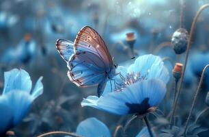 AI generated wallpaper blue butterfly flying through green grass with blue poppies photo