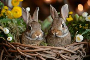 ai generado conejito refugio. adorable conejitos marco tu festivo mensaje foto