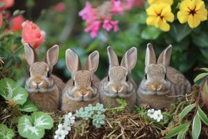 ai generado conejito refugio. adorable conejitos marco tu festivo mensaje foto