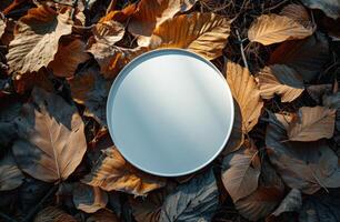 AI generated a white round plate sitting in the leaf photo