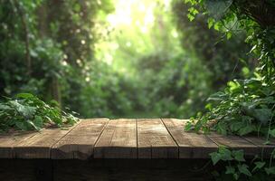 AI generated a wood table in a green garden photo