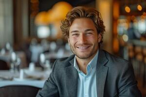 AI generated attractive business man showing his smile in restaurant photo