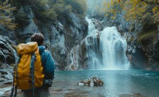 AI generated a man is taking a selfie near a waterfall photo