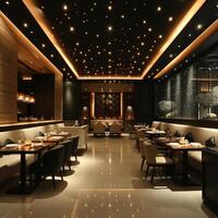 AI generated A modern restaurant interior exuding sophistication, inviting guests to savor exquisite dining photo