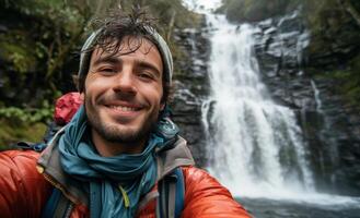 ai generado un hombre es tomando un selfie siguiente a un cascada foto