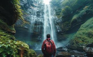 AI generated a man taking selfie by a waterfall photo