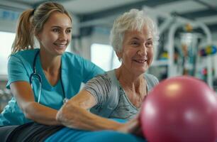 AI generated a senior woman exercising with a doctor photo