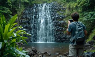 AI generated a man is taking a selfie near a waterfall photo