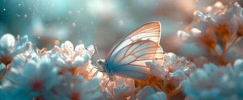 ai generado un hermosa mariposa pone en el medio de un explotando flor, foto