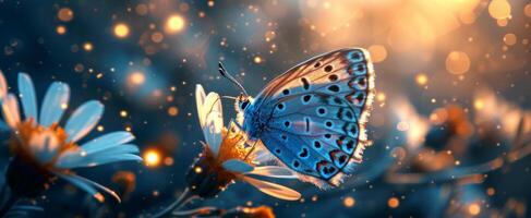 AI generated a blue butterfly on a flower with lights behind it photo