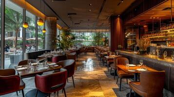 AI generated A modern restaurant interior designed for discerning palates and an elevated dining atmosphere. photo