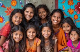 ai generado ocho muchachas desde Nepal y su madres, sonriente foto