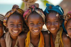 ai generado cinco muchachas en un tradicional Djibouti pueblo son sonriente foto