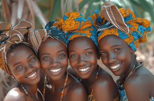 AI generated five girls in a traditional djiboutian village are smiling photo