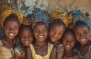 ai generado cinco muchachas en un tradicional Djibouti pueblo son sonriente foto