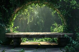 AI generated a wood table in a green garden photo