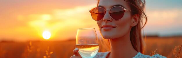 ai generado hermosa mujer en Gafas de sol Bebiendo vino a puesta de sol foto