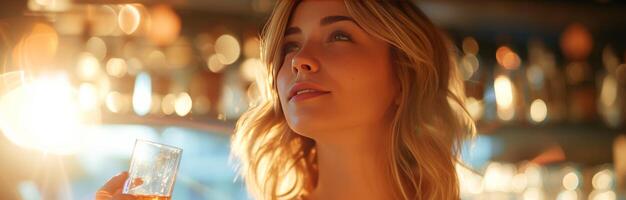 AI generated beautiful blonde woman looks up while holding a glass of champagne photo