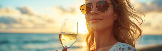 ai generado hermosa mujer en Gafas de sol Bebiendo vino a puesta de sol foto