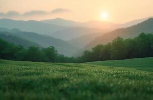 AI generated close up of the sun on a grassy field overlooking a mountain range across the horizon photo