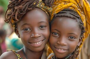 ai generado africano adolescente muchachas sonrisa y mirar fijamente dentro el cámara foto