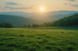 AI generated close up of the sun on a grassy field overlooking a mountain range across the horizon photo