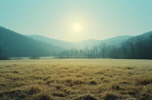 AI generated close up of the sun on a grassy field overlooking a mountain range across the horizon photo