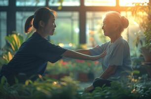 AI generated an elderly patient and a nurse are stretching at the hospital photo