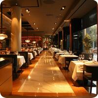 AI generated A modern restaurant interior exuding sophistication, inviting guests to savor exquisite dining photo