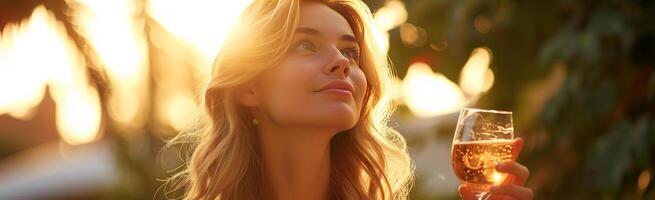 AI generated beautiful blonde woman looks up while holding a glass of champagne photo