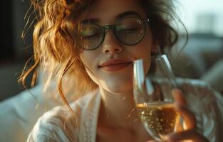 AI generated girl with green glasses holding the champagne glass photo