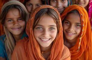 AI generated eight girls from nepal and their mothers, smiling photo